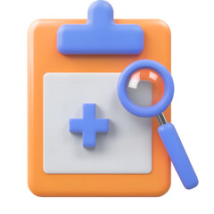 Poster - 3D rendering of a medical history review icon featuring a clipboard with official health documents a bold medical cross and a magnifying glass