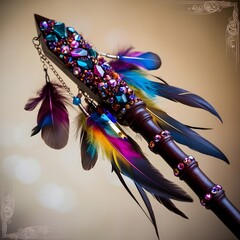 Wall Mural - A beautifully adorned staff is decorated with vibrant feathers and colorful beads, featuring rich blues, purples, and yellows. Delicate chain details add an element of elegance to the design.
