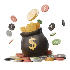 Aufkleber - A well defined money bag overflowing with various coins and bills symbolizing financial savings investment and wealth accumulation