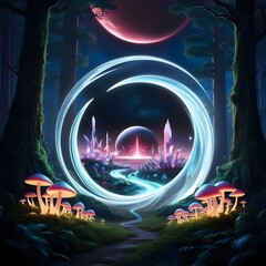 Wall Mural - A mystical forest scene features vibrant, glowing mushrooms beneath towering trees, with a swirling portal revealing a futuristic landscape filled with crystalline structures and a distant planet. 