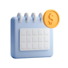 Leinwandbilder - A modern minimalist 3D render of a financial calendar icon featuring a structured and smooth calendar interface with a floating coin representing scheduled transactions and budgeting