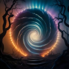 Wall Mural - A vibrant, swirling portal shimmers with a mesmerizing blend of colors, set against a dark, mysterious forest backdrop. Twisted trees frame the scene, adding an eerie, otherworldly feel 