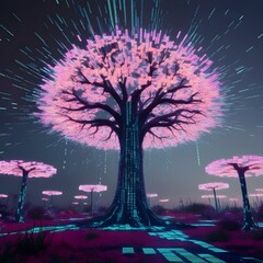 Wall Mural - A futuristic landscape features towering trees glowing with vibrant pink lights, casting an ethereal aura over the scene. The ground radiates with geometric patterns that enhance the otherworldly vibe