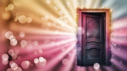 Wall Mural - A dark wooden door stands in the center, surrounded by vibrant, radiating colors and shimmering lights. The combination of warm and cool tones creates a magical and inviting atmosphere.