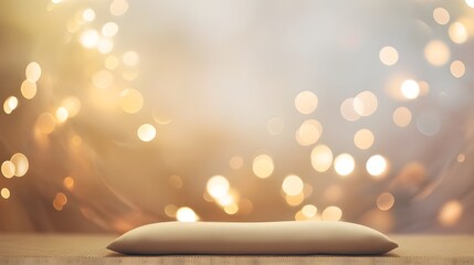 Wall Mural - Soft golden bokeh lights create a warm and dreamy background, while a simple, elegant white pillow is placed at the forefront on a flat surface. The subtle gradient of light adds a serene energy