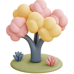 Fototapete - A stylized 3D render of a minimalist geometric cluster of abstract trees with soft rounded foliage in a palette of pastel colors