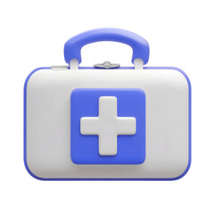 Fototapete - A minimalist 3D icon depicting a first aid kit or nurse s bag in a clean geometric design with a prominent white cross symbol against a blue background