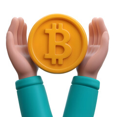 Poster - Hands in green and yellow carefully holding a large golden Bitcoin cryptocurrency coin representing the concept of investment protection and security in digital finance