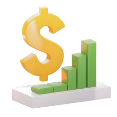 Aufkleber - A 3D rendering of a financial performance chart displaying fluctuating investment trends shown through a green bar graph alongside a large minimalistic dollar sign icon on a transparent white