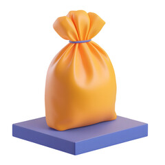 Poster - Vibrant 3D rendered image of an orange plastic bag positioned on a simple blue platform with a clean white background showcasing a minimalist and modern design aesthetic