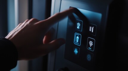 A finger touches a touchscreen interface with glowing blue icons to activate functions