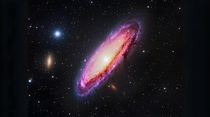 Wall Mural - Spiral Galaxy Glowing With Pink And Purple Hues Illuminated By Bright Star Clusters In A Dark Night Sky