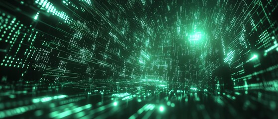 Coding screen in green, glowing square light background, technology interface, software programming art, digital code flowing, futuristic tech environment