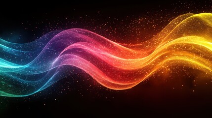 Wall Mural - a vibrant wave of colorful light with sparkling particles against a dark background, creating a mesm