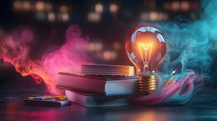 Leinwandbilder - education themed still life featuring a glowing lightbulb illuminating a composition of books notebooks and pencils  The vibrant and soft colors enhance the idea of learning creativity and academic