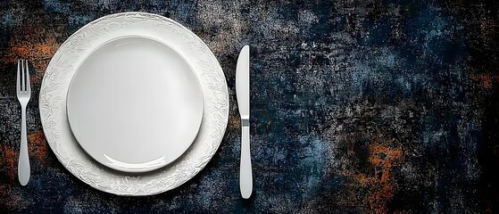 Poster - A contemporary continuous line drawing of a full dining set including a circular plate knife fork spoon and a minimalist menu design