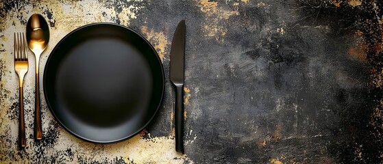 Poster - A contemporary continuous line drawing depicting a complete dining set including a circular plate knife fork spoon and a minimalist menu design
