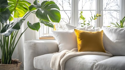 Aufkleber - Serene Monstera Inspired Minimalist Home Decor with Natural Greenery and Elegant Furnishings  A cozy and inviting living space filled with lush botanical elements modern furniture and a bright