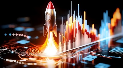 Poster - Cinematic depicting a high speed rocket blasting off along a sharply rising financial graph with vivid contrasting colors highlighting the concept of startup growth innovation