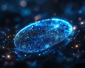 Poster - A digital blue fingerprint with glowing sparkling lights, placed on a dark background with neon accents, abstract futuristic style, clean lines and highresolution details