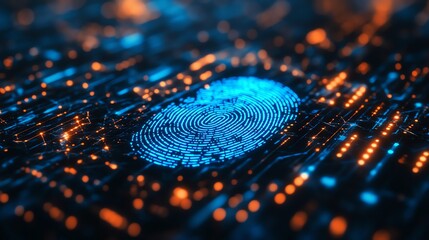 Fototapete - A digital fingerprint in radiant blue hues, surrounded by shimmering lights and data streams, set against a dark, hightech background, vibrant and abstract, futuristic atmosphere