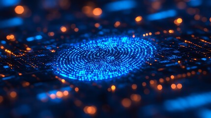 Aufkleber - A digital fingerprint in radiant blue hues, surrounded by shimmering lights and data streams, set against a dark, hightech background, vibrant and abstract, futuristic atmosphere