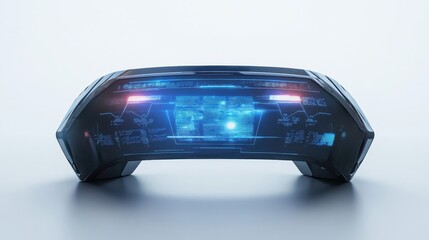 Futuristic electronic device displaying data on a transparent screen
