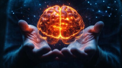 Wall Mural - 3d render of a brain glowing in the hands, on a black background