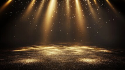 Wall Mural - abstract background with golden light rays and glowing particles on a dark floor.