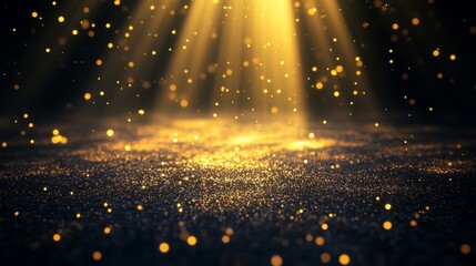 Wall Mural - abstract background with golden light rays and glowing particles on a dark floor.