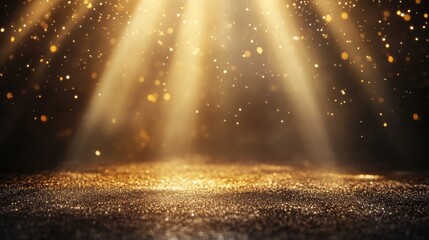 Wall Mural - abstract background with golden light rays and glowing particles on a dark floor.