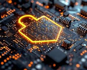 an illuminated cloud symbol sits atop a circuit board design