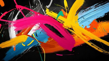 Leinwandbilder - Energetic and visually striking abstract painting featuring bold neon brushstrokes on a dark canvas resulting in a high contrast vivid and modern background