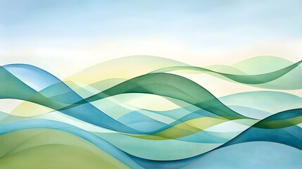 Leinwandbilder - A tranquil abstract landscape composed of gently undulating hills and valleys in soothing shades of blue green and yellow creating a calming meditative atmosphere