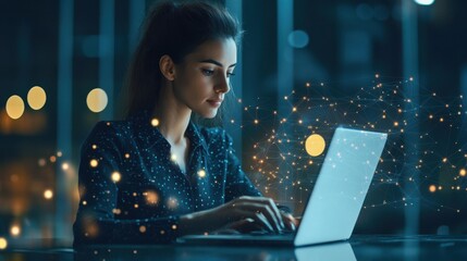 Woman Working on Laptop at Night, Digital Network Connection, Online Business, Modern Technology