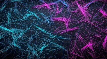 Fototapete - Captivating abstract composition featuring dynamic intersecting neon brush lines in shimmering teal and bold purple hues creating a bold and energetic visual display against a dark textured backdrop
