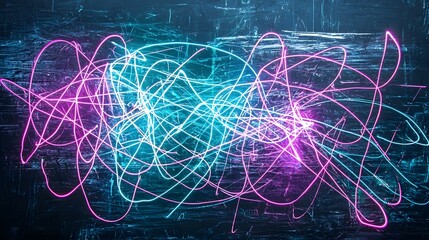 Fototapete - Glowing neon like brush strokes in vivid shades of teal and purple swirl and undulate across a dark textured background creating a mesmerizing high energy visual experience
