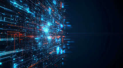 Abstract Digital Circuitry Network Displaying Data Flow and Connection in Blue and Orange Tones with Dark Background
