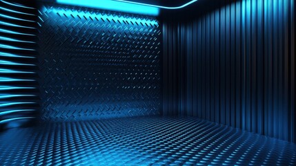 Wall Mural - abstract blue and black wave-like light pattern with a gradient effect, reflecting on a textured met