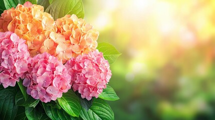 Aufkleber - Colorful Blooming Hydrangeas with Green Leaves in Soft Natural Light