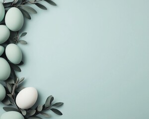 Aufkleber - Pastel Green Eggs and Leaves Arrangement on Soft Mint Background