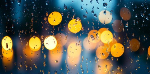 Wall Mural - abstract blurred background with bokeh lights and rain on window glass in a night city, a banner for