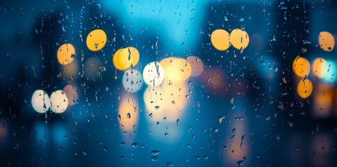 Wall Mural - abstract blurred background with bokeh lights and rain on window glass in a night city, a banner for
