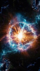 Wall Mural - a cosmic explosion with vibrant colors and a beam of light, captured from a top-down angle, resembli