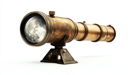 Wall Mural - an antique brass telescope focuses on the full visible moon