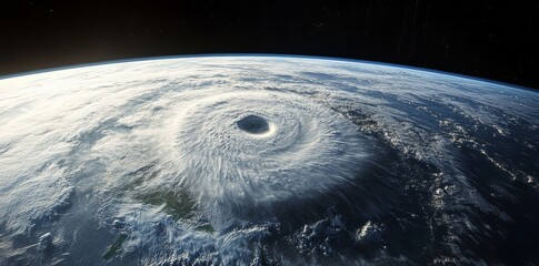 Wall Mural - a massive hurricane on the surface of earth, seen from space with dark storm clouds and swirling win