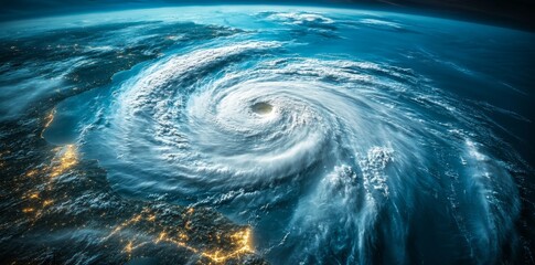 Wall Mural - a massive hurricane on the surface of earth, seen from space with dark storm clouds and swirling win