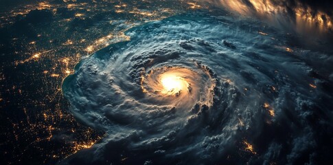 Wall Mural - a massive hurricane on the surface of earth, seen from space with dark storm clouds and swirling win