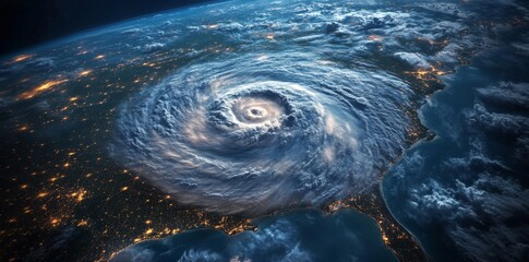 Wall Mural - a massive hurricane on the surface of earth, seen from space with dark storm clouds and swirling win