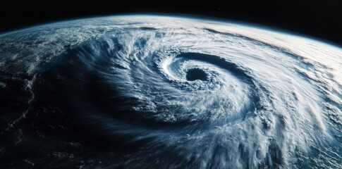 Wall Mural - a massive hurricane on the surface of earth, seen from space with dark storm clouds and swirling win